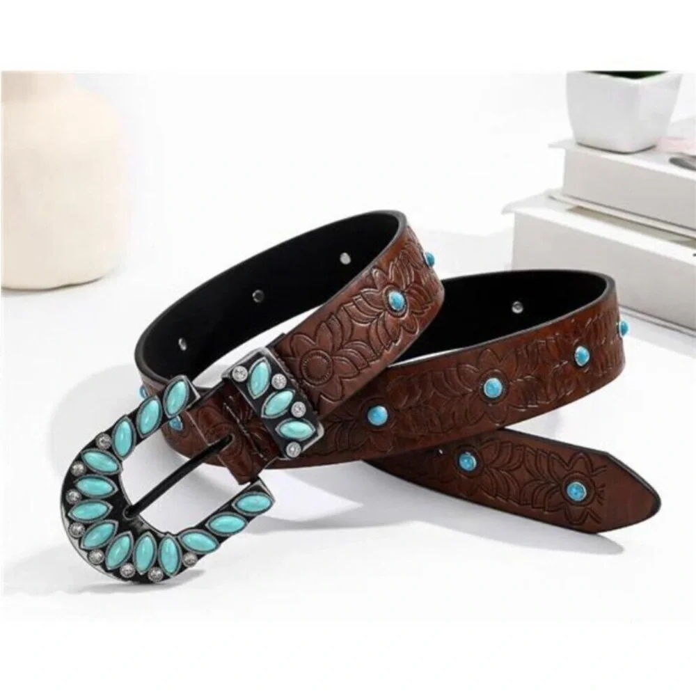 Brown Western Belt Woman Turquoise Cowgirl Belts for Jeans Pants Size Small